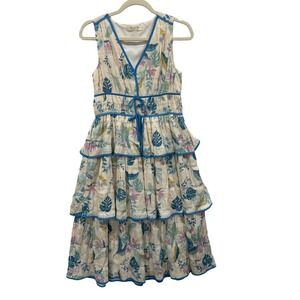 Doe and Rae Tropical Floral Tiered Midi Dress Cream Blue Smocked Waist Small